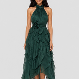 Rochie damă maxi cu guler halter și volane verde