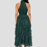 Rochie damă maxi cu guler halter și volane verde