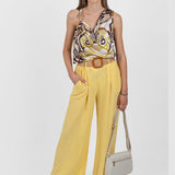 Pantaloni damă cu croială wide leg și talie elastică galben