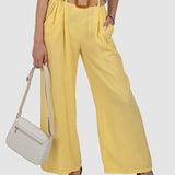 Pantaloni damă cu croială wide leg și talie elastică galben
