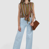 Pantaloni damă wide leg din bumbac elastic albastru deschis