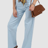 Pantaloni damă wide leg din bumbac elastic albastru deschis