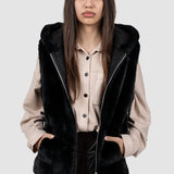 Vestă damă din blană sintetică cu glugă negru