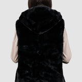 Vestă damă din blană sintetică cu glugă negru