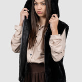 Vestă damă din blană sintetică cu glugă negru