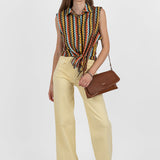 Pantaloni damă wide leg din bumbac elastic galben