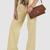 Pantaloni damă wide leg din bumbac elastic galben