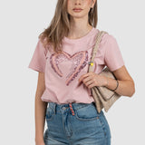 Tricou damă roz cu aplicație inimă din paiete