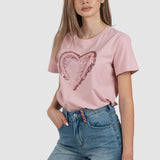 Tricou damă roz cu aplicație inimă din paiete