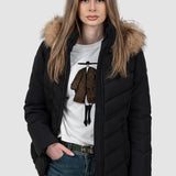 Geacă femei matlasată cu glugă și blană negru