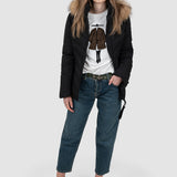 Geacă femei matlasată cu glugă și blană negru