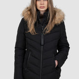 Geacă femei matlasată cu glugă și blană negru