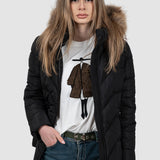 Geacă femei matlasată cu glugă și blană negru
