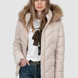 Geacă femei matlasată cu glugă și blană negru