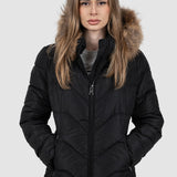 Geacă femei matlasată cu glugă și blană negru
