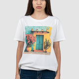 Tricou femei alb cu imprimeu grafic peisaj