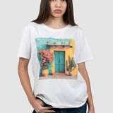 Tricou femei alb cu imprimeu grafic peisaj