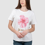 Tricou femei alb cu imprimeu floral și text