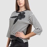 Bluză femei cu dungi contrastante și floare aplicată