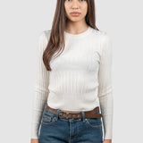 Pulover femei cu nervuri verticale și fir discret lurex, alb