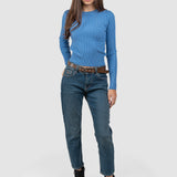 Pulover femei cu nervuri verticale și fir discret lurex, albastru