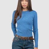 Pulover femei cu nervuri verticale și fir discret lurex, albastru