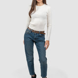 Pulover femei cu nervuri verticale și fir discret lurex, alb