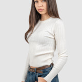 Pulover femei cu nervuri verticale și fir discret lurex, alb