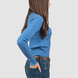 Pulover femei cu nervuri verticale și fir discret lurex, albastru