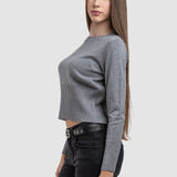 Pulover de damă gri, cu textură fină și croială feminină