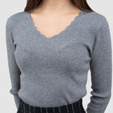 Pulover de damă gri pentru iarnă, cu nervuri și decolteu în V cu margini ondulate