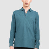 Bluză bărbați din bumbac cu guler polo și fermoar, petrol