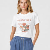 Tricou femei bumbac elastic cu imprimeu floral, alb cărămiziu