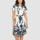 Rochie damă tip cămașă cu imprimeu floral crem/albastru