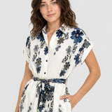 Rochie damă tip cămașă cu imprimeu floral crem/albastru