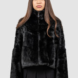 Jachetă blană femei cu fermoar, negru/crem
