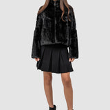 Jachetă blană femei cu fermoar, negru/crem