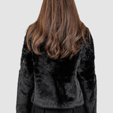 Jachetă blană femei cu fermoar, negru/crem