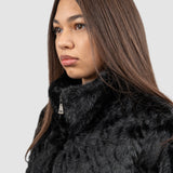 Jachetă blană femei cu fermoar, negru/crem
