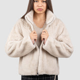 Jachetă blană femei cu fermoar, negru/crem