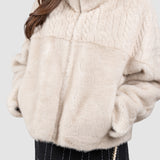 Jachetă blană femei cu fermoar, negru/crem