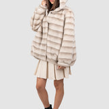 Capă blană femei cu glugă, bej/cafea