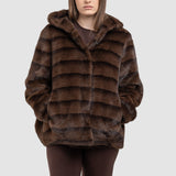 Capă blană femei cu glugă, bej/cafea