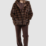 Capă blană femei cu glugă, bej/cafea