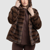 Capă blană femei cu glugă, bej/cafea