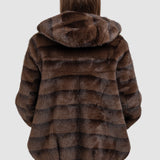 Capă blană femei cu glugă, bej/cafea