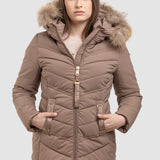 Geacă femei matlasată cu glugă, bej închis