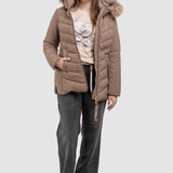 Geacă femei matlasată cu glugă, bej închis