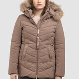 Geacă femei matlasată cu glugă, bej închis