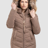 Geacă femei matlasată cu glugă, bej închis